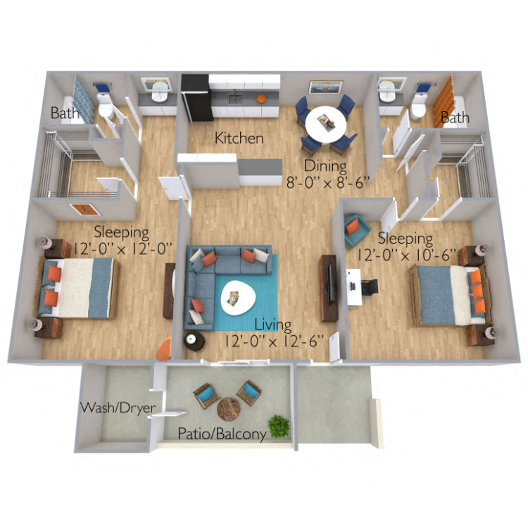 Floor plan for 2 beds, 2 baths, 900 sqft